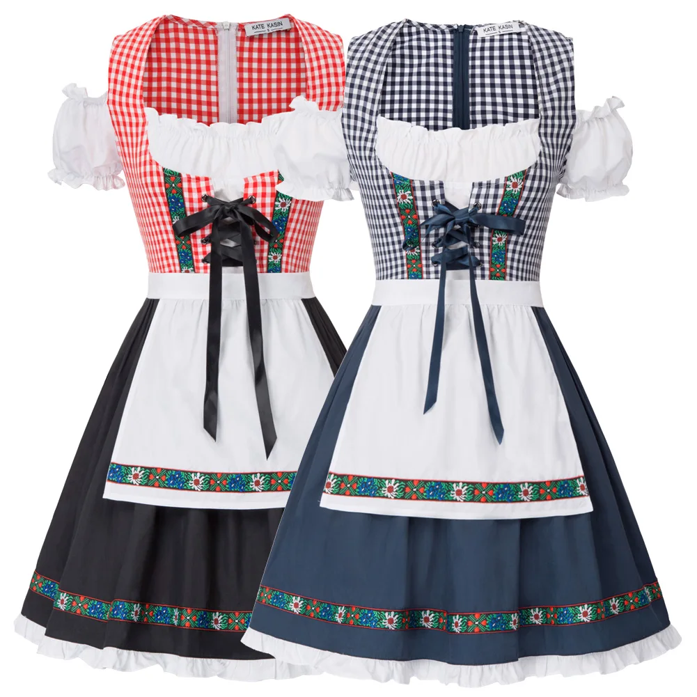 

KK Women 2pcs Set Grid Printed German Bavarian Oktoberfest Costumes Cold Shoulder Dress+Apron Dress Suit