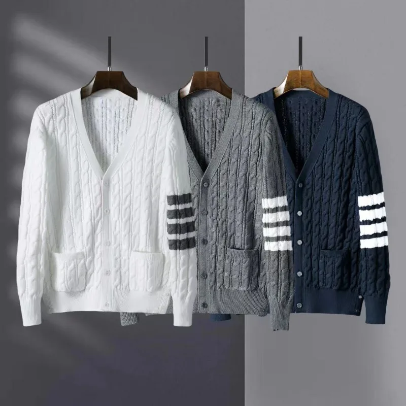 New TB autumn winter new thick needle Fried Dough Twists knitting cardigan striped men and women's casual versatile sweater