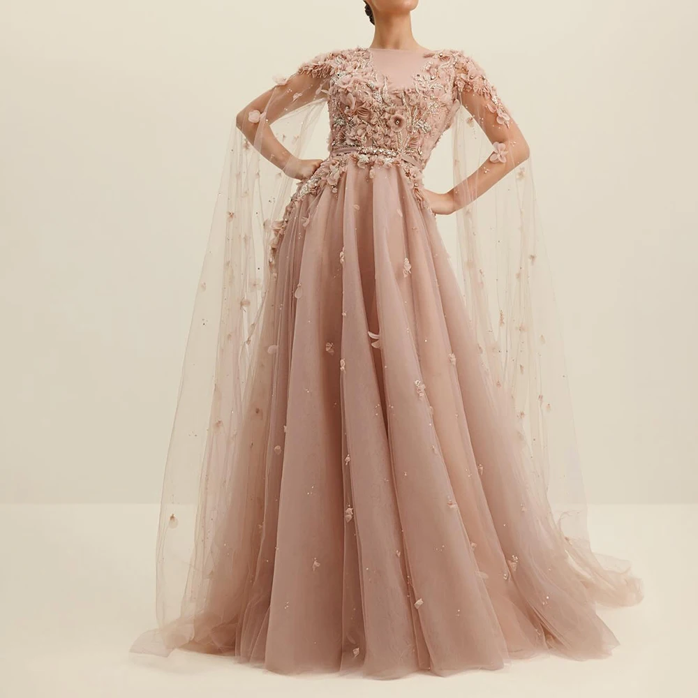 Customized Exquisite Watteau Train Pleats Belt Flowers Crystal Evening Dress Graceful Crew Neck A-Line Organza Pink Party Gown