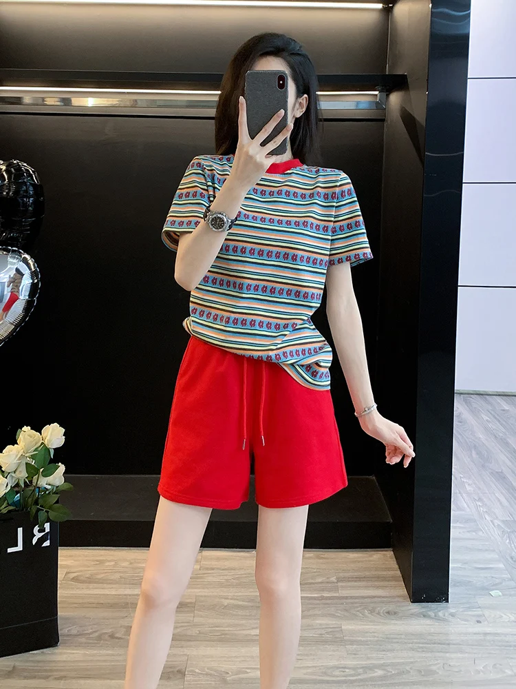 Summer Salt Series Light Maturity High End Complete Striped Short Sleeve Top Wide Leg Shorts Two Piece Set Elegant Casual Spo...