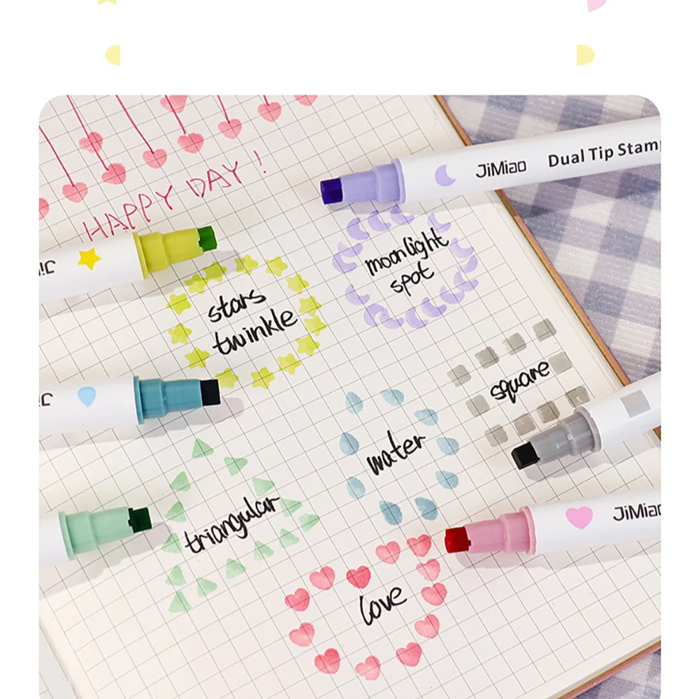 1 Pcs Highlighters Double headed Line Pen And Cute Stamp For Student Writing Painting Drawing Taking Note Art School Stationery