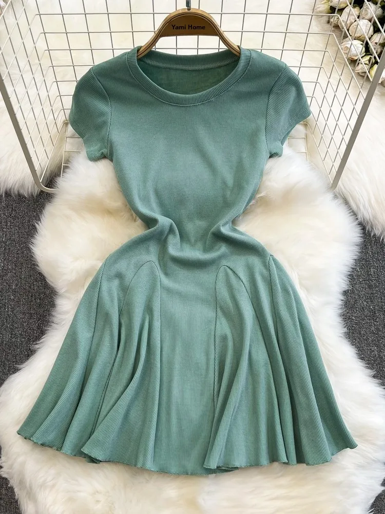 Sommer Faion Koreanische Sle ort Sve runde Ne Abnehmen A-Line Puffy Dr Hot Girl Reine Farbe Hohe Taille ort Dr