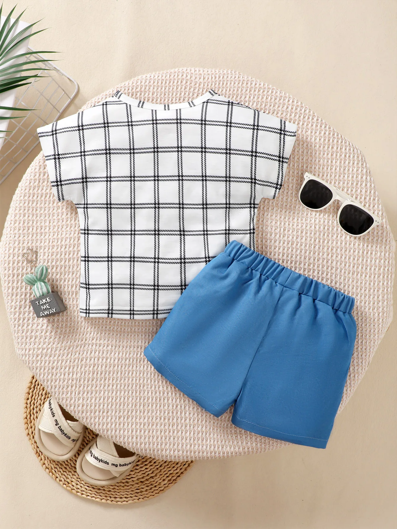 Baby Girl 2PCS Fashion Summer Outfit Set Plaid Letter Print Short Sleeve T-Shirt + Solid Shorts for 0-3Y Casual Toddler Clothes