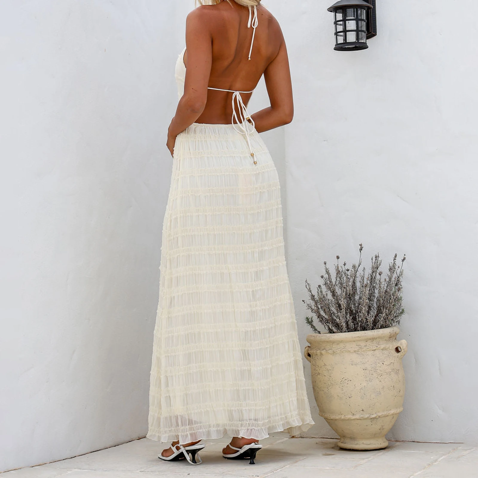 Combhasaki Women Lace-up Halter Neck Frill Layered Smocked Solid Drawstring Tied Belted Sleeveless Backless A-line Long Dress