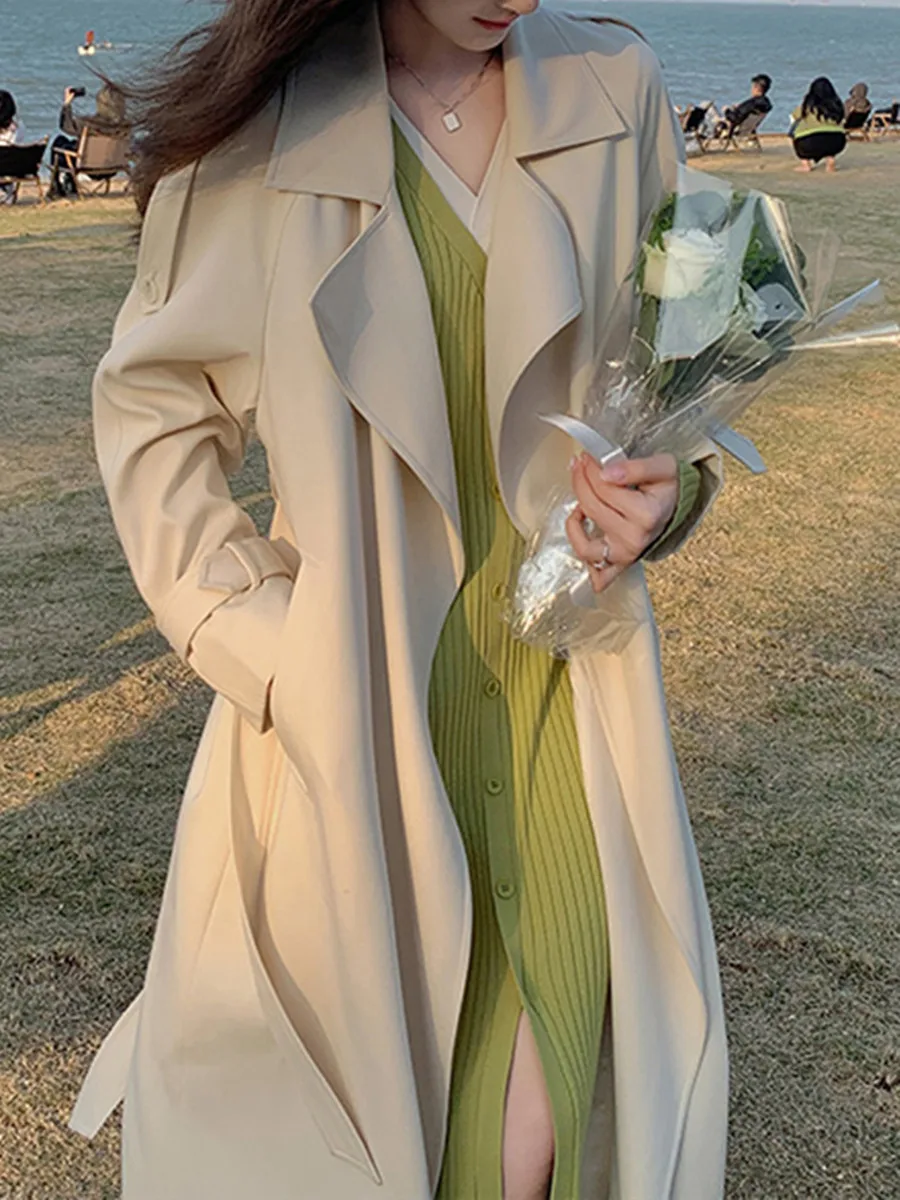 

Новое весеннее женское длинное пальто 2026 года в британском стиле, тонкое, для студенток, модная верхняя одежда, двубортное, прямого кроя, из полиэстера