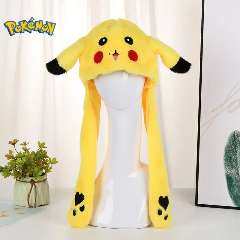 Pikachu Pokemon Anime Plush Hat Bunny Ears Plush Funny Cute Cartoon Hat Flashing Ears Moveable Plush Doll Girls Boys Gift