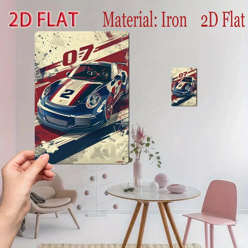 Racing-Themed Metal Sign, , Featuring Red-Blue-White Stripes and Dynamic Race Car Design, Perfect for Garage Decor or Office Dec