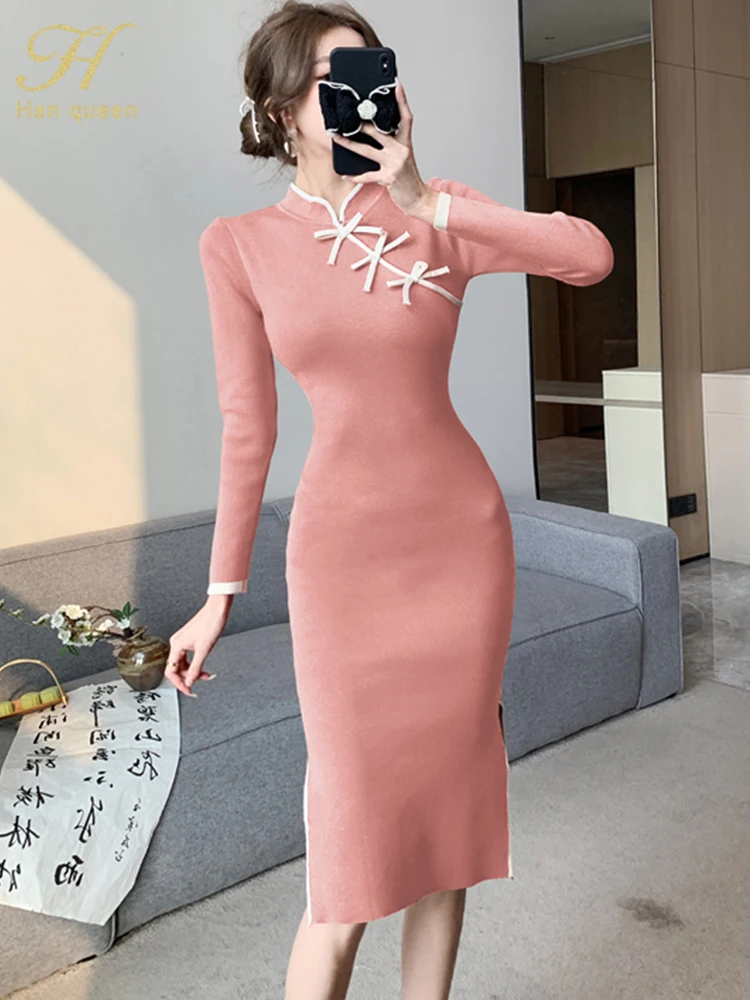 H Han Queen Winter Dress Fashion Color Blocking Bottoming Office Pencil Elastic Knitted Women Sheath Dresses Work Party Vestidos