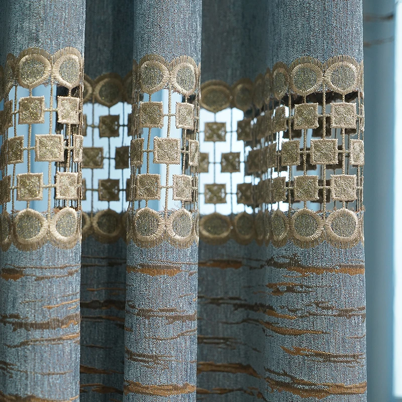 Custom Size Blue Water-soluble Hollow Embroidered Chenille European Luxury Curtains for Living Dining Room Bedroom White Tulle