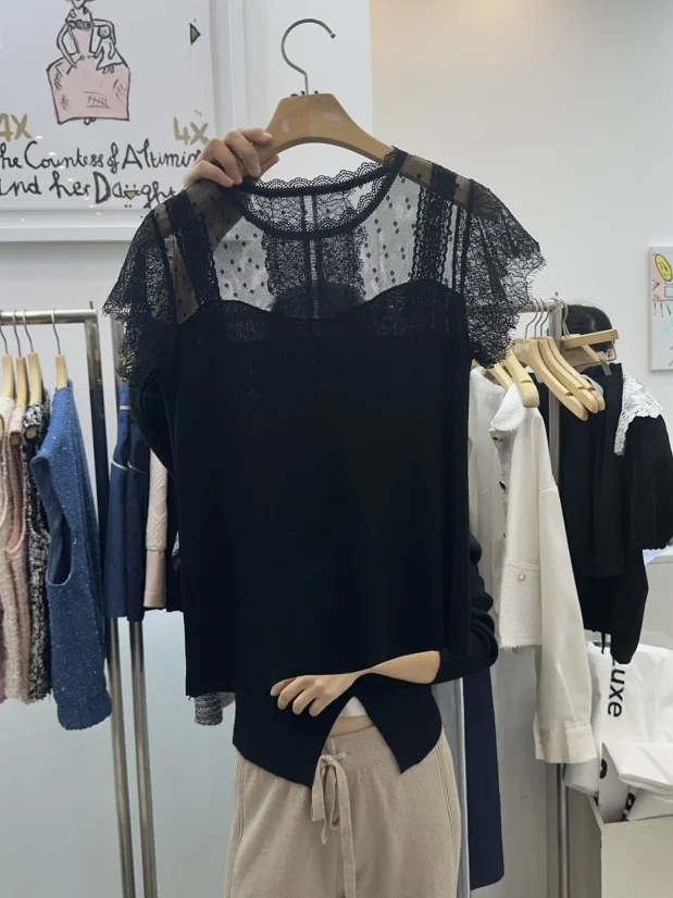 

Lulu Dongda Gate High Waist Splice Lace Short Sleeve round Neck Thin Top Women Spring Summer Sweet Style Knitted Sweater