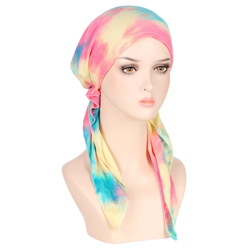 Muslim Women Head Covering Cap Turban Hat Headscarf Pre-Tied Tie-dye Drawstring Flower Cloth Cap Beanies Headwear Hair Accessory