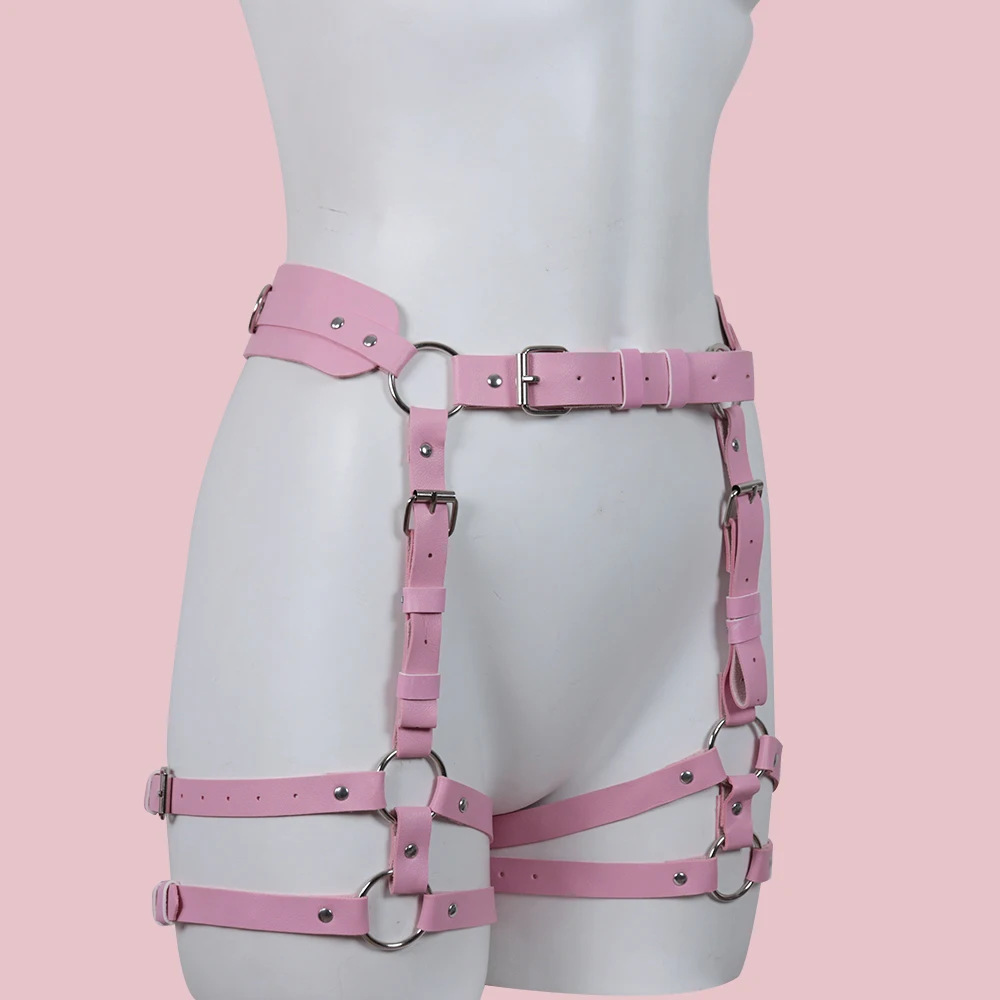 PINK Leather Cage Gothic Garter Belt Body Straps Lingerie Women Suspenders Harajuku Body Bondage Thigh Harness Stockings Goth