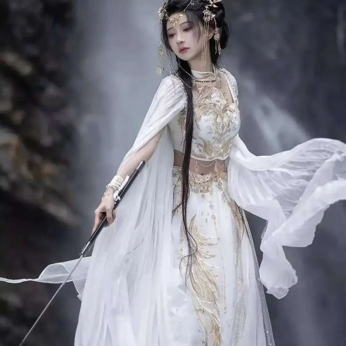 

Han Element Embroider Costume Hanfu Exotic Charm Saintess Token Dunhuang Style Xianxia White Full Set