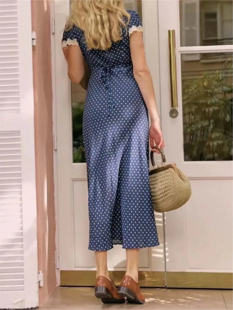 Chic Fashion Lace Polka Dot Long Dress V-neck Sexy Women Dress Navy Blue Vintege Elegant Dresses 2025 New Woman Clothing