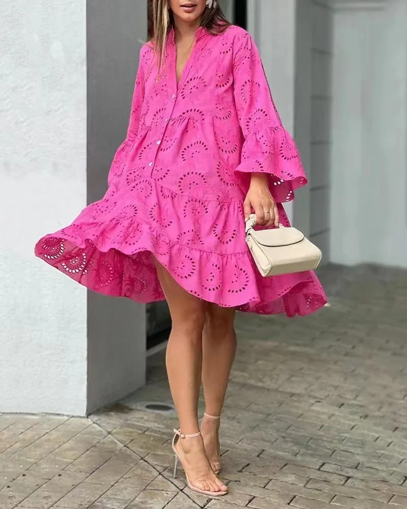 

Women Lace Embroidery Dress Single Breasted Flare Long Sleeve Babydoll Smock Dress 2023 Fashion Street Vestidos Chic Dresses