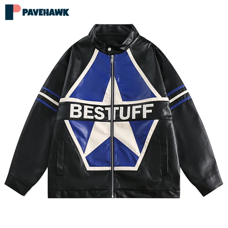 

Vintage Motorcycle Jacket Men Y2K PU Leather Letters Patchwork Jackets Spring Autumn Hip Hop Loose Coat Black Streetwear Unisex