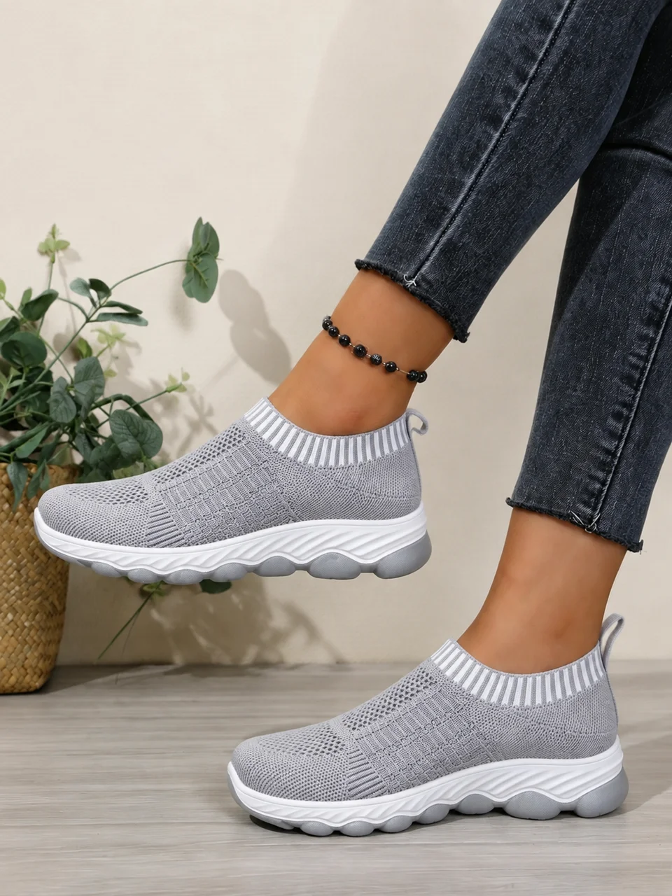 Frühling Herbst Damen Slip-On Strick-Wanderschuhe Atmungsaktives Mesh Rutschfeste Plattform Weiche Sohle Komfortable Orthopädische Freizeitsneaker – Detail 9