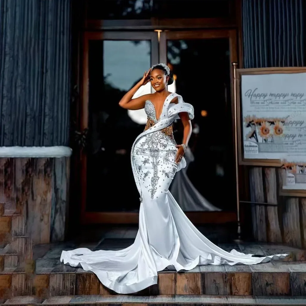 

Luxurious Mermaid Crystal Beaded Women's Party Evening Dress Sexy V-neck Off the Shoulder Wedding Ball Formal Dress Customized