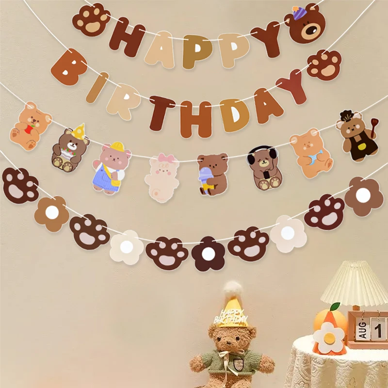 Cute Teddy Bear Happy Birthday Paper Banner Cartoon Bear Garland Wall Hanging Decor Kids 1st Baby Shower Birthday Party Decor