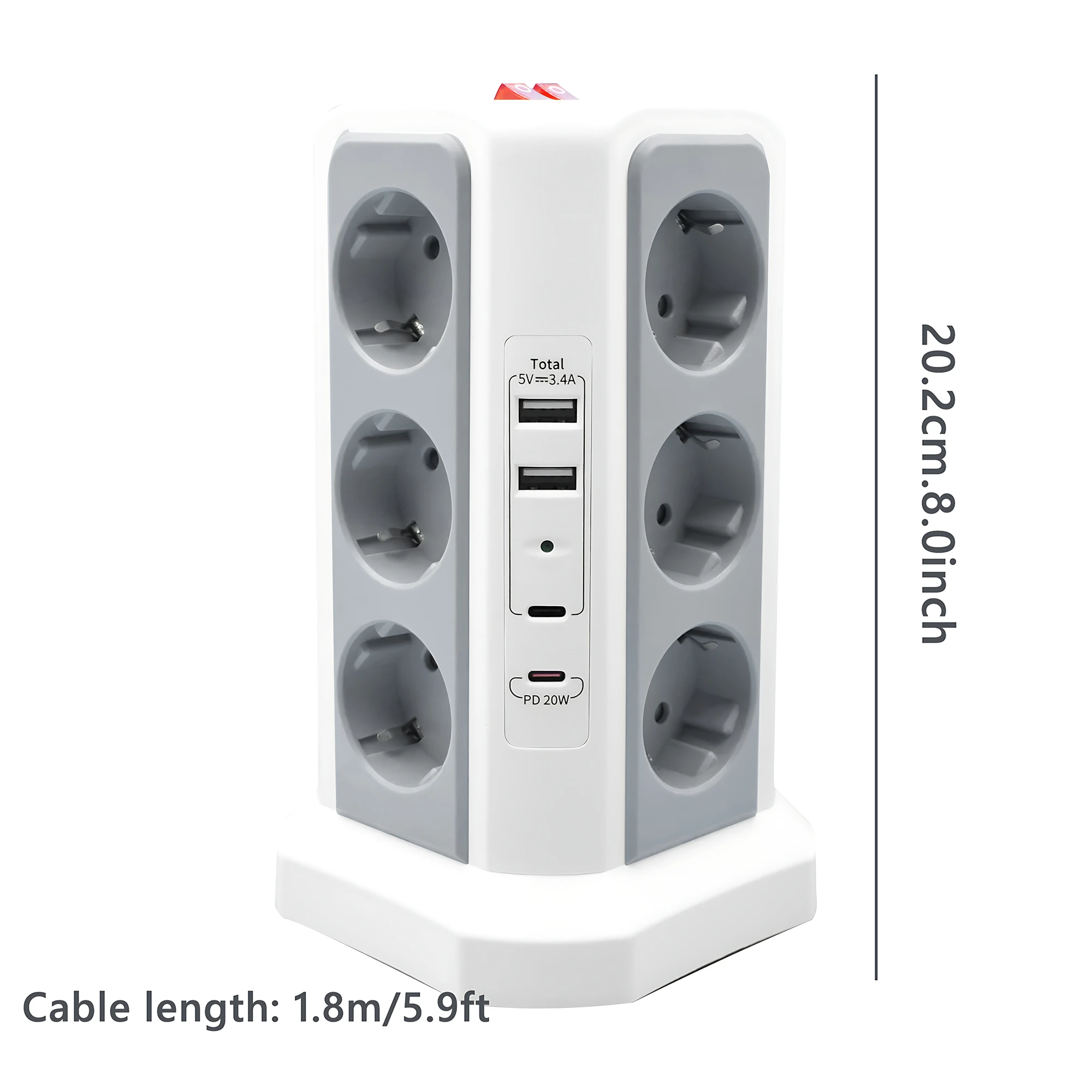 Power Strip Tower Multiple Electical Socket EU Plug 12 Outlets 4USB Ports Charging Surge Protector 5.9FT Extension Cord For Home