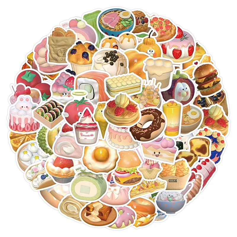 

103 шт. милых мультяшных 3D-наклеек в виде еды (суши, хлеб, десерты) для шлемов, велосипедов, ежедневников, пеналов. Papery Pop Store