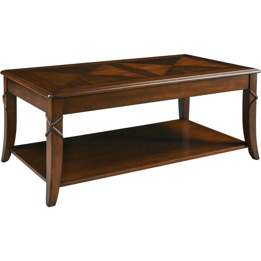 Solid Wood Coffee Table with Storage Shelf, Mid-Century Living Room Tables with Carved Tabletop and Leg, 43.3” Splicing Cocktail