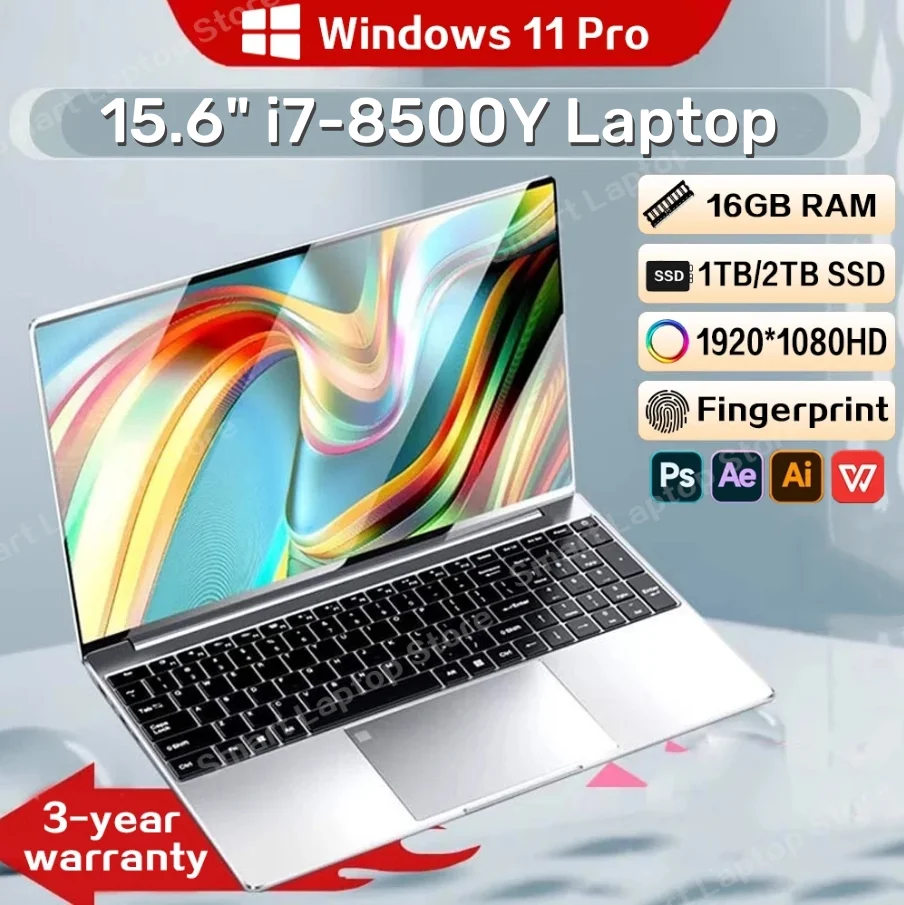 Computer portatile da 15,6 "Windows 11 Pro Intel Core i7 8500Y 20 GB di RAM 1 TB SSD Laptop Computer da ufficio PC Sblocco impronta digitale Notebook