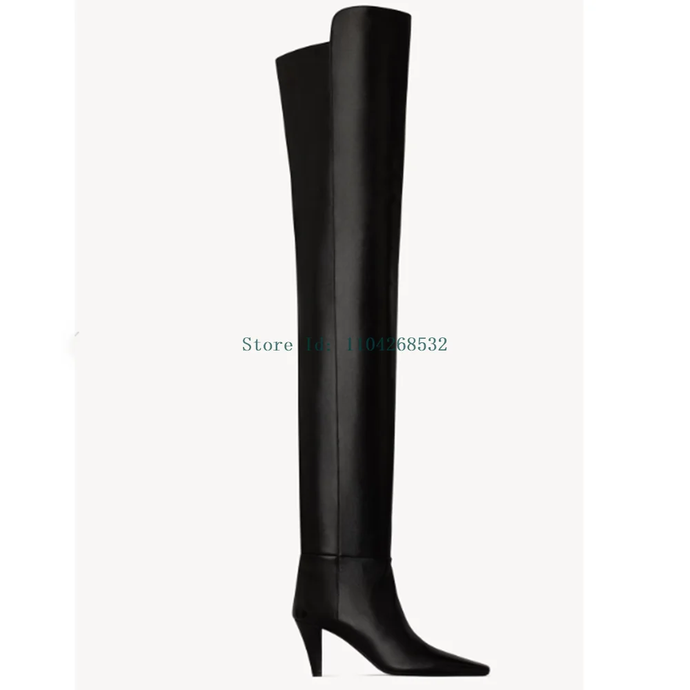 Black Matte Leather Over The Knee Boots Sesy Pointed Toe Sewing Stiletto Solid Slip On New Arrivals Fashion Women Modern Boots