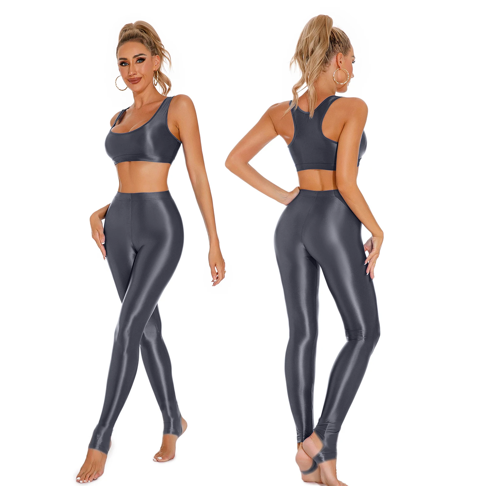 Womens Gymnastics Yoga Dancewear Glossy Sleeveless U Neck Crop Top with High Waist Leggings Gym Fitness Training Sportswear