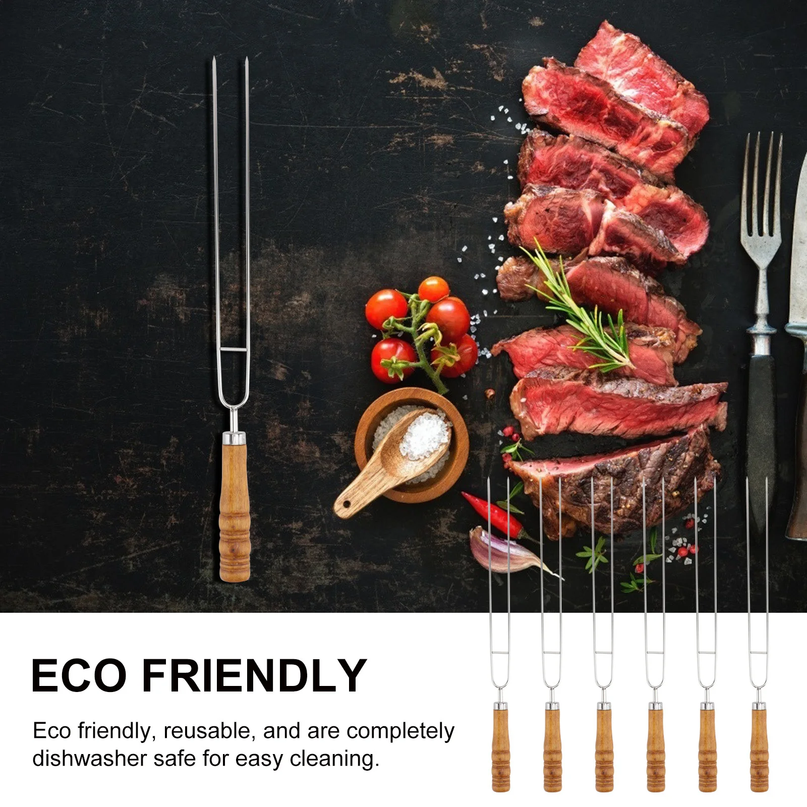 

6pcs Stainless Steel Bbq Skewers 2-Prong Roasting Sticks Reusable Eco-Friendly No Rust Outdoor Barbecue Tools Wooden Handle