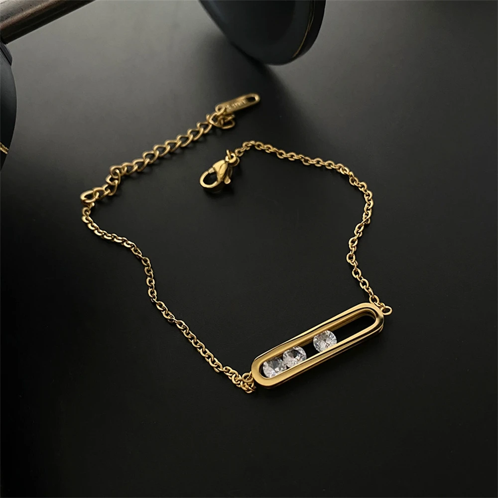 Titanium Steel Not Fade Necklace Bracelet Female Rectangular Banboo pendant Zircon Clavicle Chain Plated  Simple 2Pcs/Set Jewelr image 4