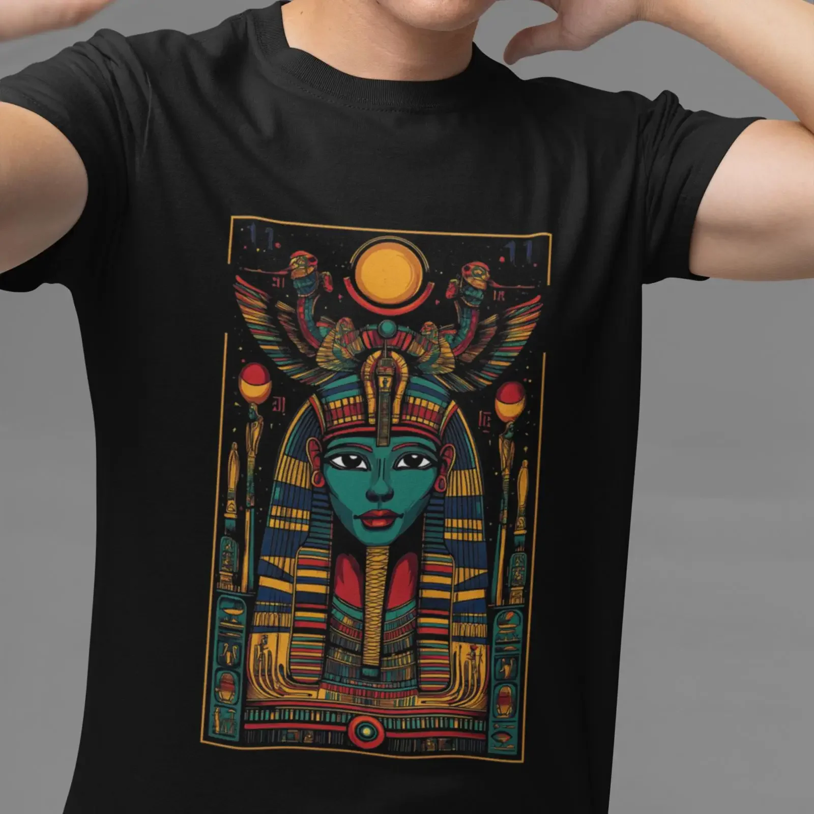Egyptian Goddess T Shirt Hieroglyphs Bold Colors Ancient Design vintage Washed Breathable Soft Casual Unisex Versatile