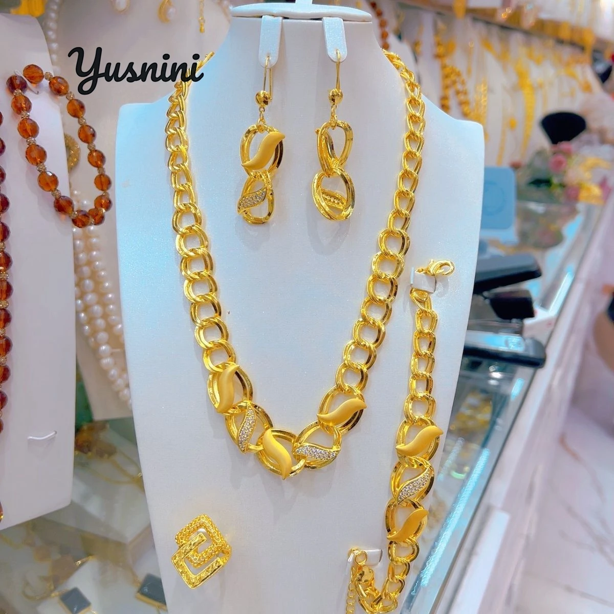 جديد الأمريكية 24K مطلية بالذهب قلادة أقراط خواتم أساور الزفاف حفلة خطوبة طقم مجوهرات لعشاق DD10714 #5