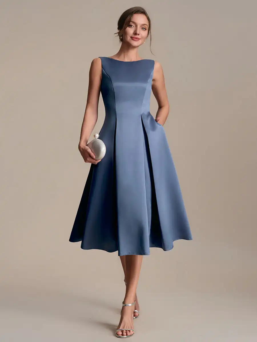 

BAZIIINGAAA Evening Dress Strapless Boat Neck Ball-Gown Luxurious Satin Fabric Midi Dress with Pockets Wedding Evening Dresses