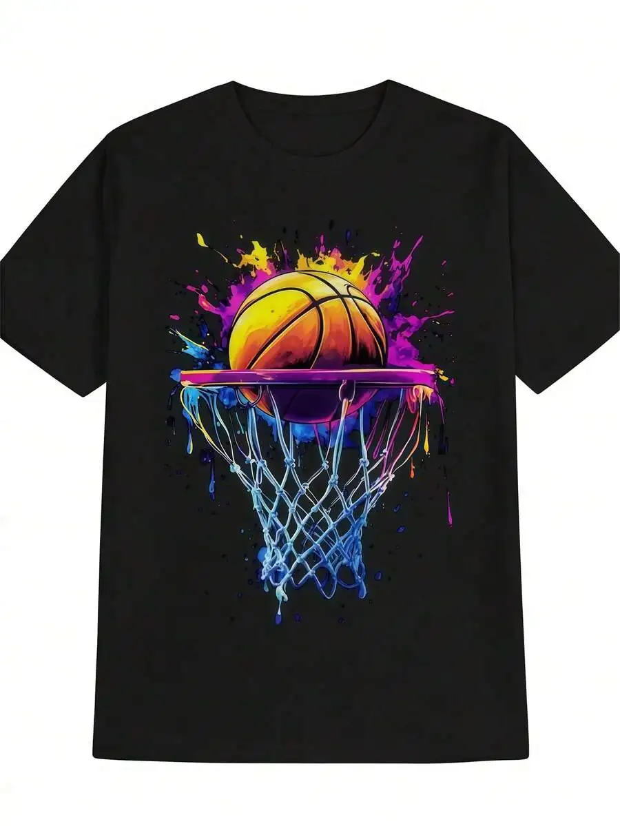 1 Pc Men's Clothing Basketball Dunk Printed Black Tshirt, Graphic Tee, Summer Tops, Shirt, Unisex Casual Crew Neck Tshirt, Plus Size Men's 5XL