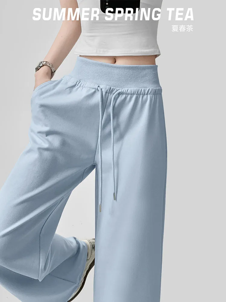 Luźne spodnie damskie z wysokim stanem i szerokimi nogawkami, letnie, codzienne, do ziemi, drapowane, w stylu lazy, streetwear, mieszanka bawełny.