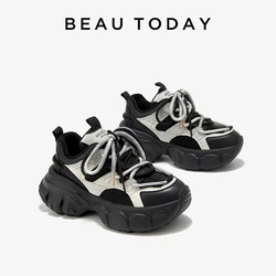 BEAUTODAY Chunky Sneakers Women Synthetic Leather Mesh Cross Tied Thick Solo Patchwork Fashion Ladies Shoes Handmade 29492