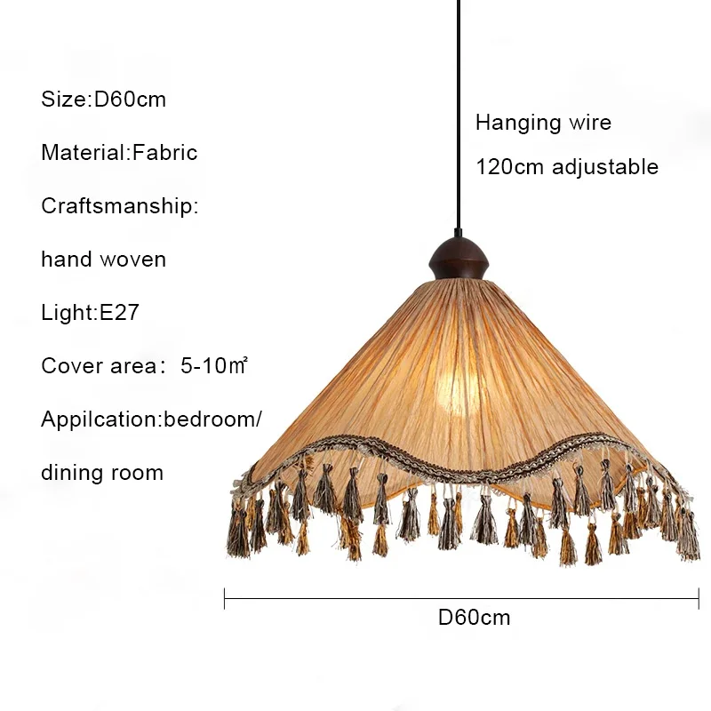Retro hanglamp van stof met kwastjes, geweven bamboe kunst hanglamp, restaurant, woonkamer, hanglamp van henneptouw met kwastjes