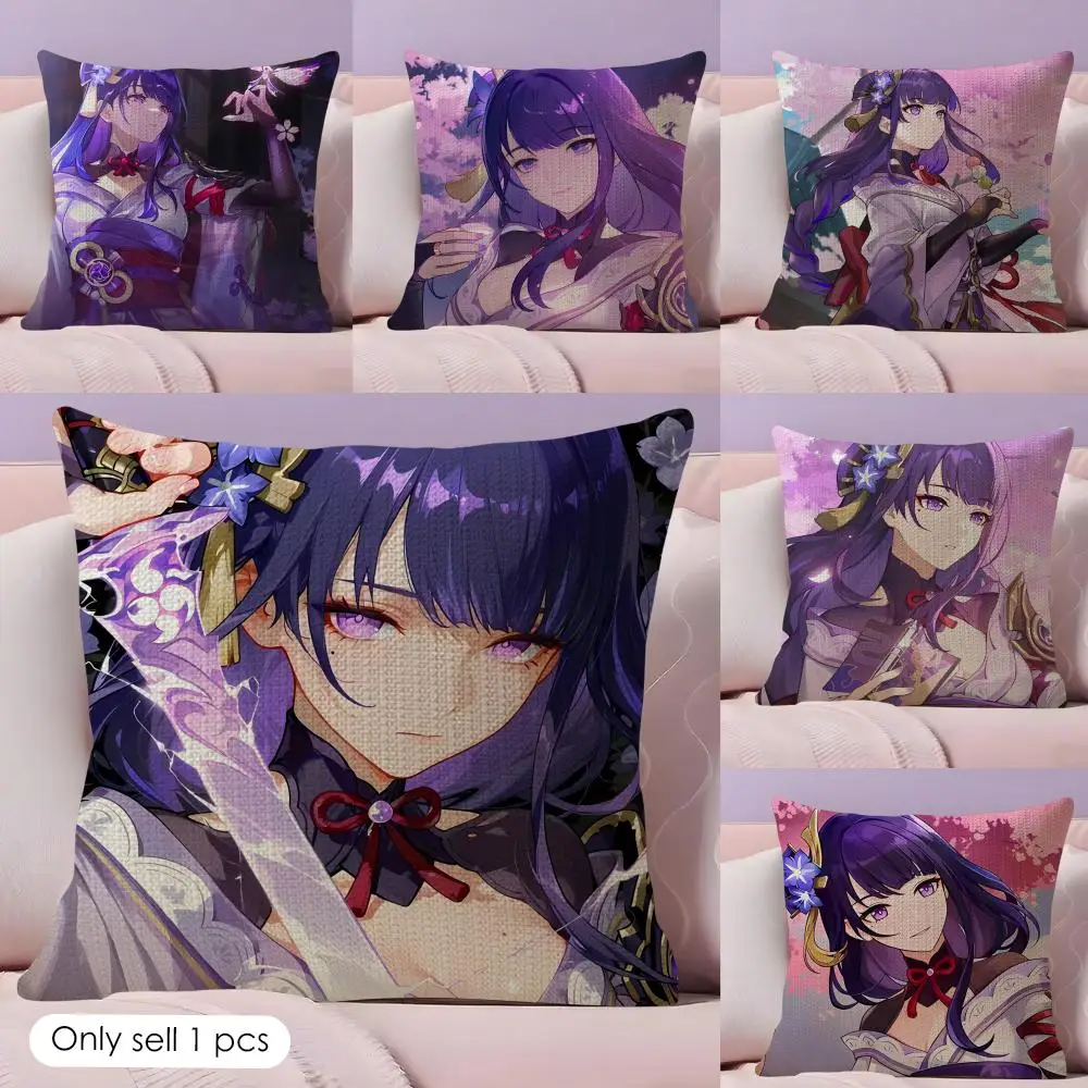 Raiden Shogun Genshin Impact Cushion Cover Natural Linen Organic Fabric Double-Sided Printing Sofa Home Decor Gift Pillow Case