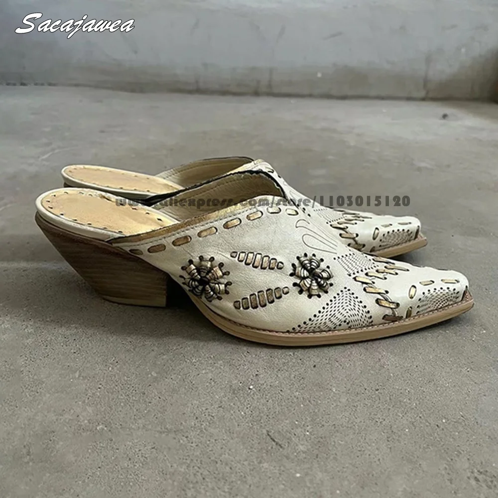 

Vintage Metal Decoration Embroidery Hollow Slippers Pointed Toe Cap-Toe Versatile Mule Slippers Genuine Leather Casual Slippers