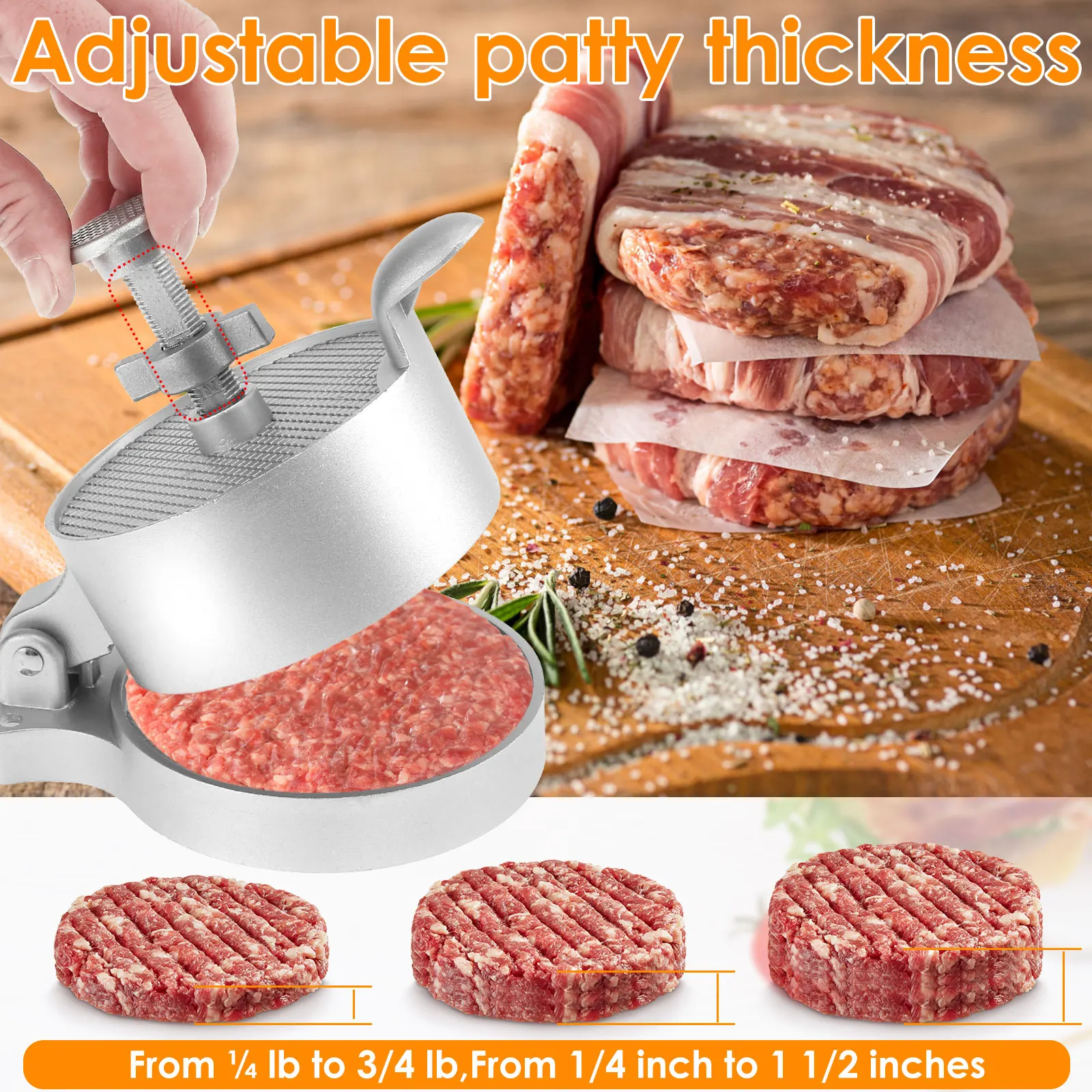 Burger Press Adjustable Hamburger Patty Maker Heavy-Duty Aluminum Alloy Patty Maker Makes Patties From 1/4 Lb To 3/4 Lb