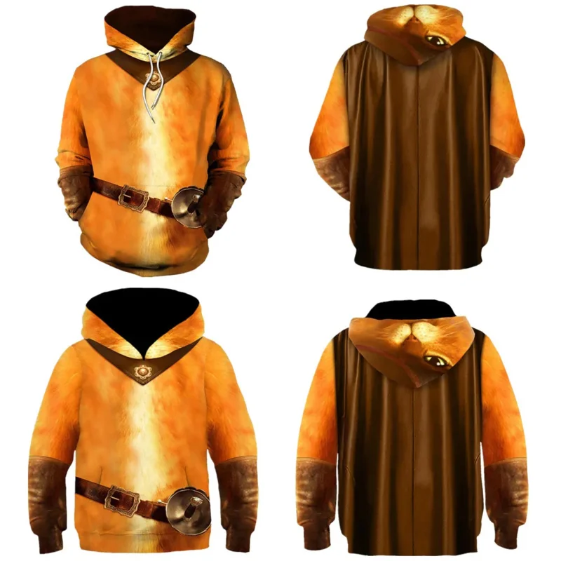 Disfraz de Cosplay de Puss In Boots para niños, Sudadera con capucha, camiseta informal, ropa de calle para niño, jersey con estampado de 3D Roleplay, Halloween