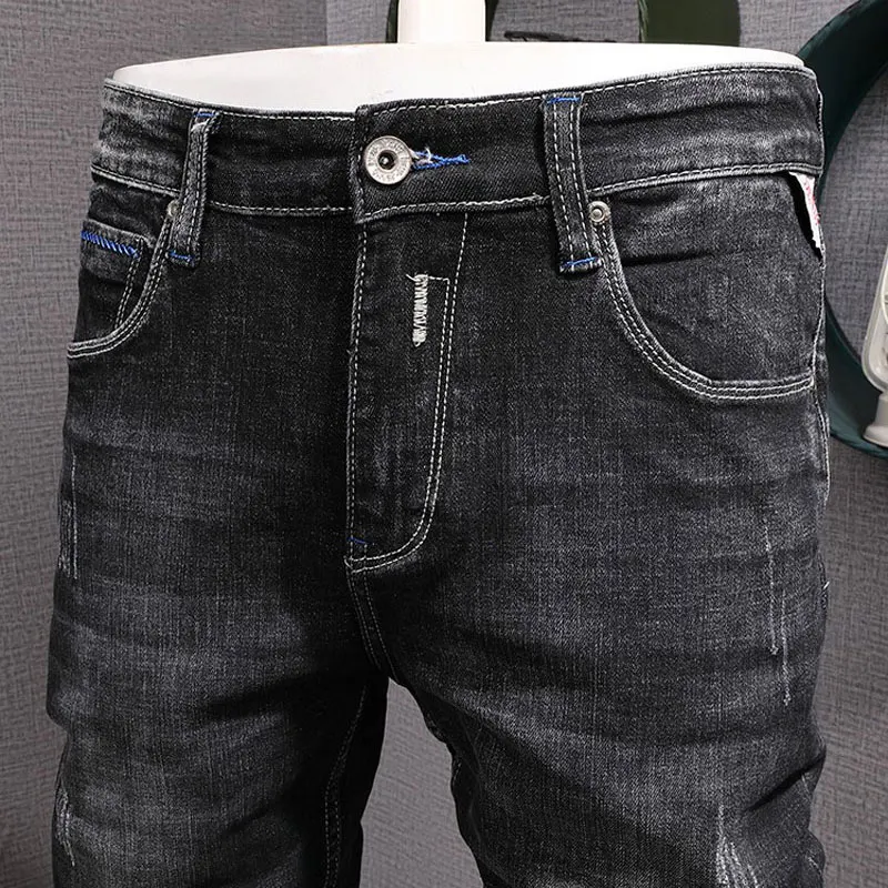 Y2Kfashion trend designer men's jeans retro black gray elastic slim fit corrugated jeans men's straight leg pants retro jea