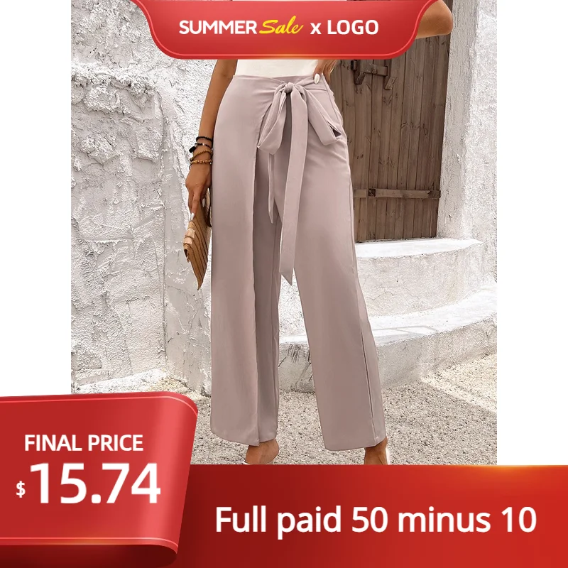 

New Korean version solid color straight leg suit pants with hanging fabric, high waisted lace up temperament, wide leg pants