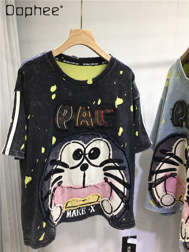 

European Goods Heavy Industry Sequined Short-sleeved T-shirt Summer Cute Cat Old Ripped Patch Top Short Round Neck Loose Top