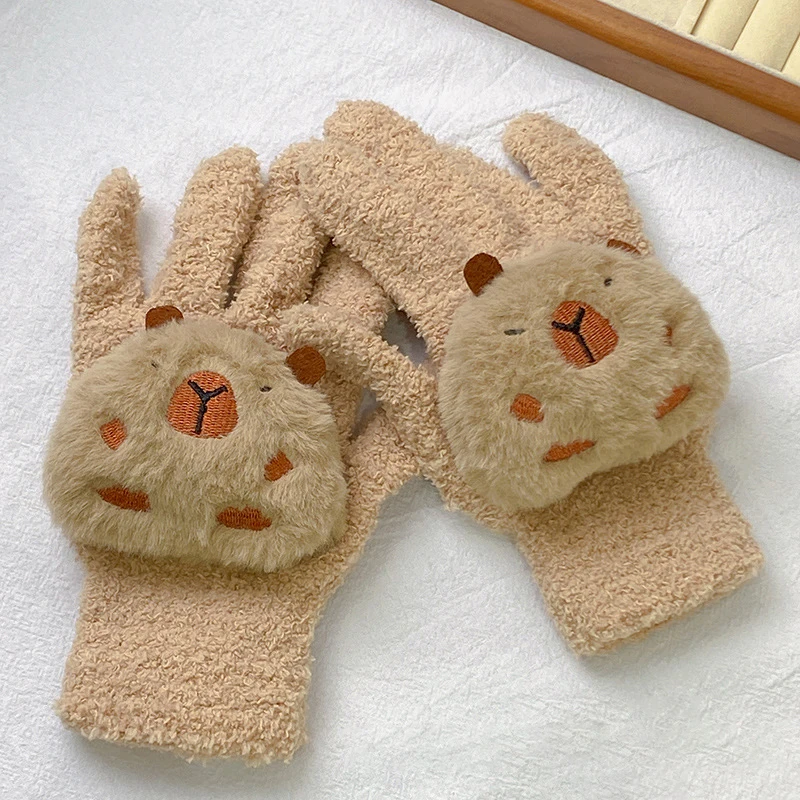 Soft Full Finger Capybara Plush Gloves Winter Outdoor Cycling Warm Antifreeze Windproof Gloves