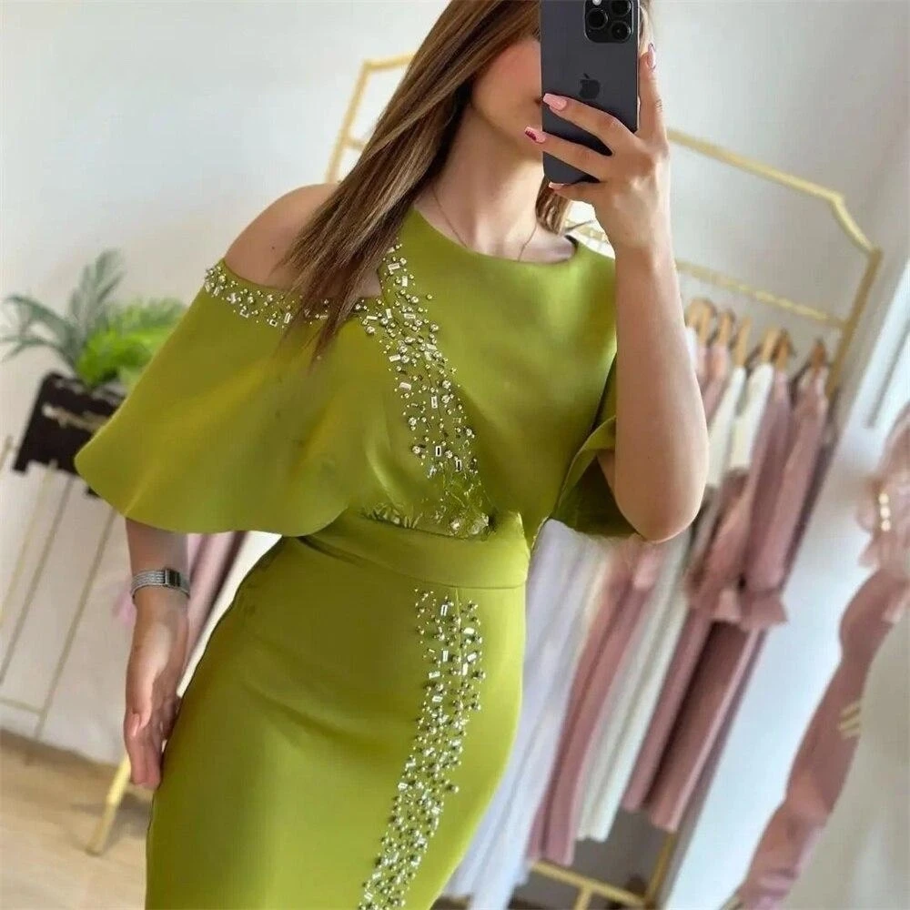 Vestidos De Graduación Prom Dresses For Women O Neck Beaded Side Slit Cocktail Party Evening Formal Gowns Half Sleeves Dress