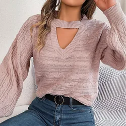 Autumn and Winter Women's Pullover Round Neck Long Sleeve Solid Hollow Fried Dough Twists Loose Fashion Casual Sweater Tops