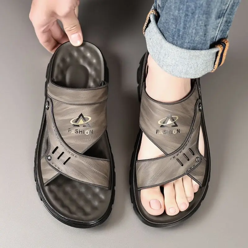 Slippers Hiking Men's Sandal Genuine Leather Soft Male Shoe Indoor Outdoor Open Beach Trekking Ankle Wrap Pvc New Design 2024 39