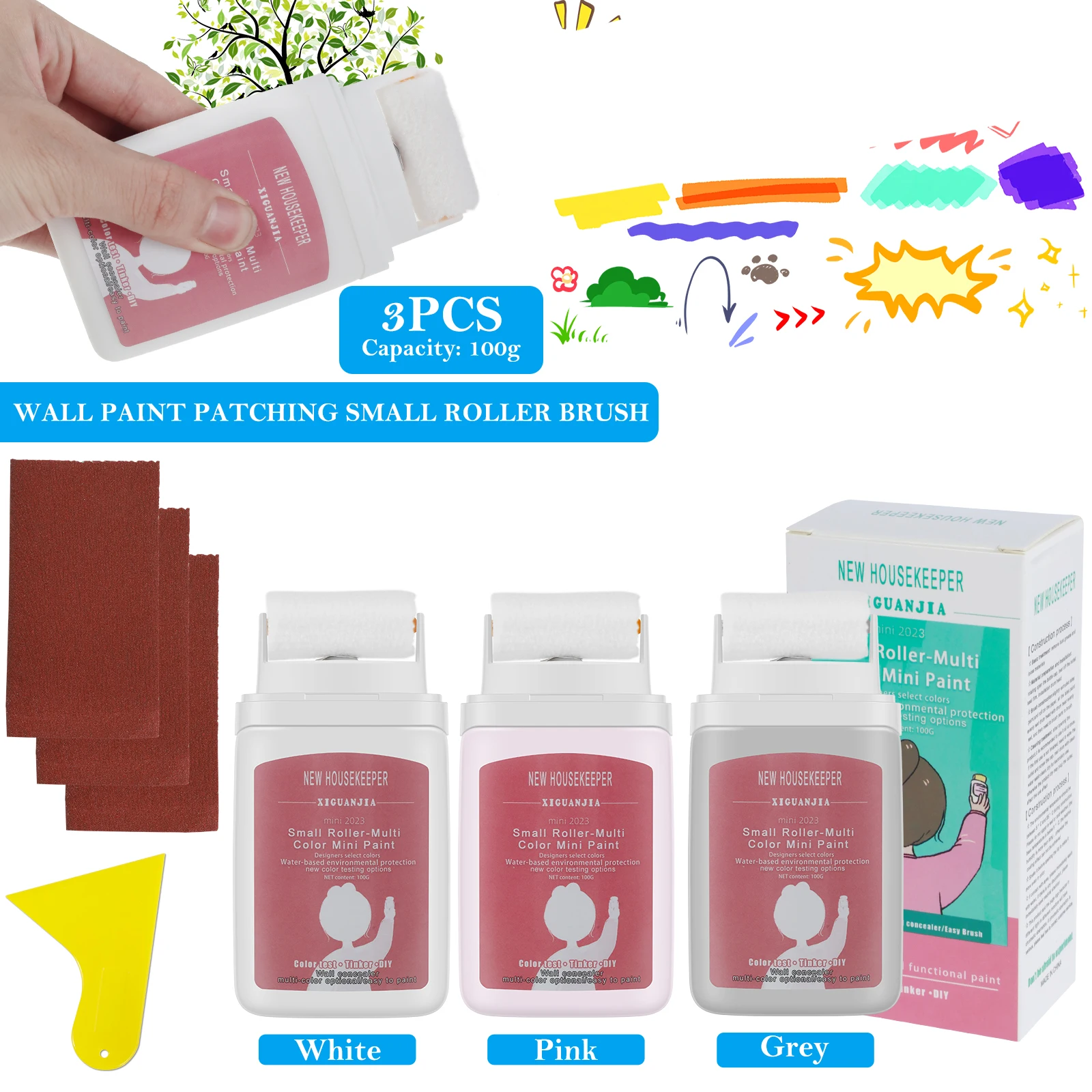 

3Pcs Wall Paint Roll Brush Portable Damage Wall Repair Tool Wall Cleaning Wall Patching Paste Household Wall Graffiti Repair
